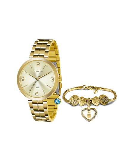 kit relógio feminino lince lrg4458l kt68c2kx analógico dourado UNICO