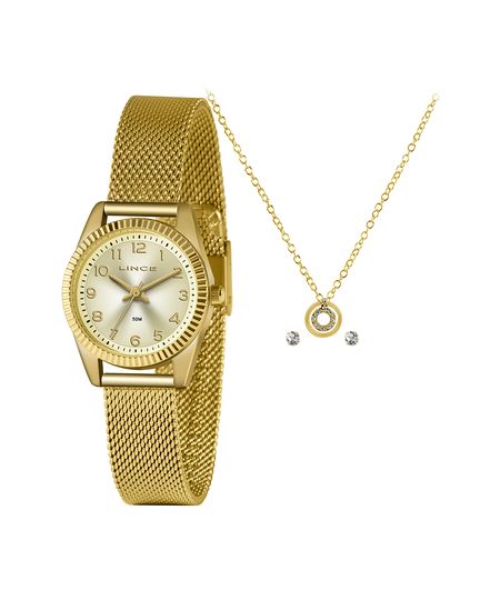 kit relógio feminino lince lrg4674lka9sc2kx analógico dourado UNICO