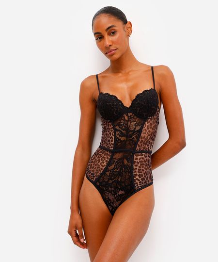 body feminino de tule com renda animal print bege 40