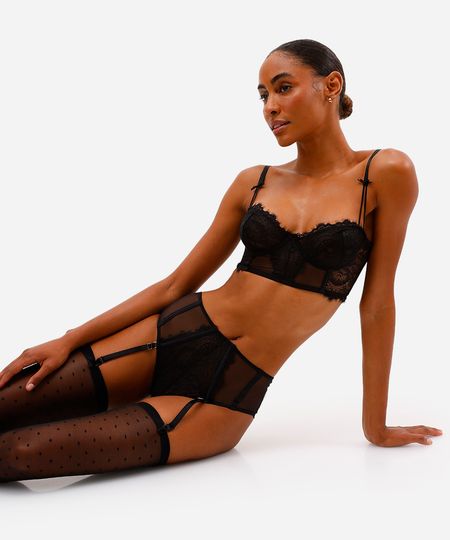 calcinha caleçon de renda com ligas removíveis preta G calcinha caleçon de renda com ligas removíveis preta G