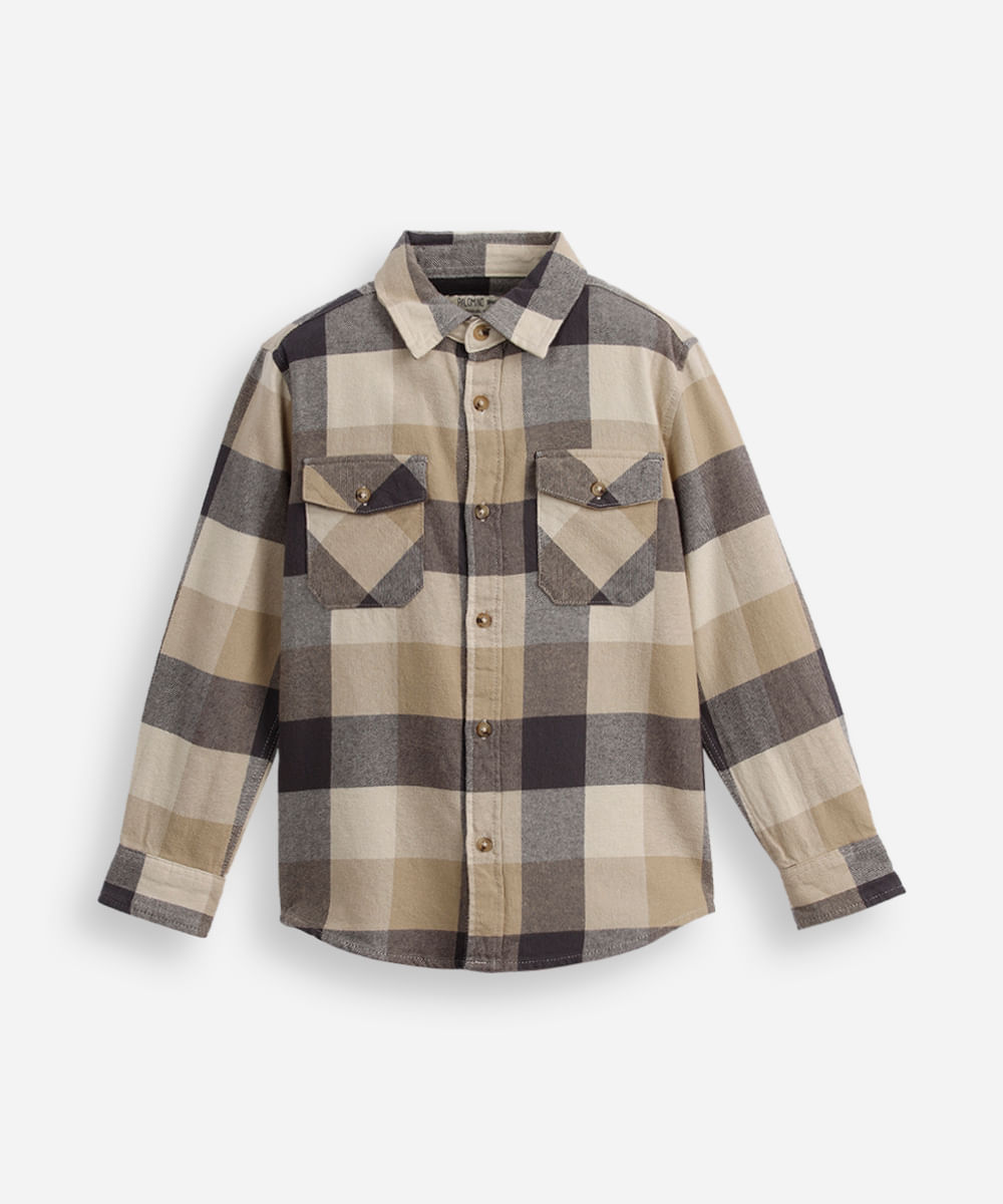 camisa infantil de algodão manga longa xadrez bege