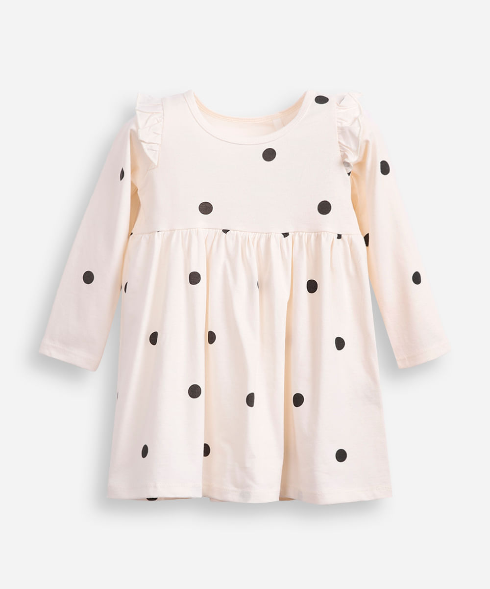 vestido infantil manga longa poá off white