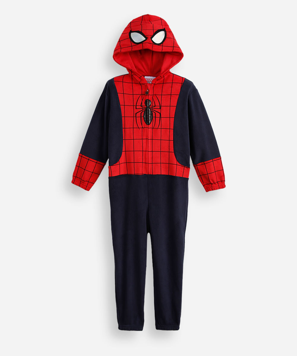 pijama longo infantil de fleece com capuz homem aranha vermelho
