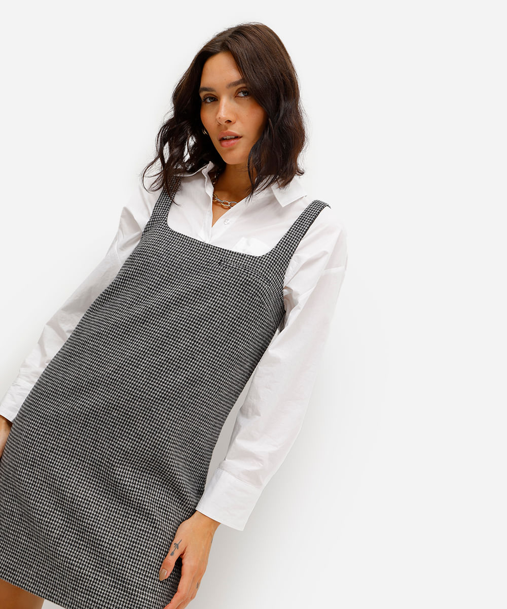 vestido curto feminino pied de poule preto