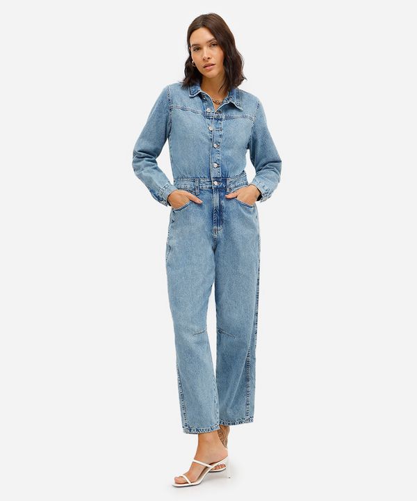 macacão feminino jeans manga longa azul PP