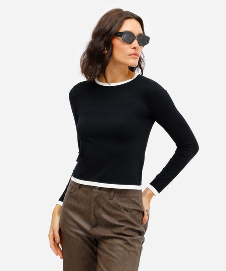 blusa básica feminina de tricot manga longa preta P