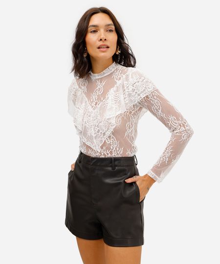 bata feminina de renda com babado floral off white G