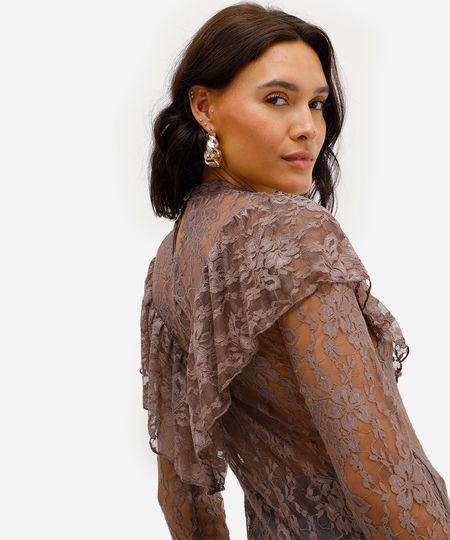 bata feminina de renda com babado floral marrom P bata feminina de renda com babado floral marrom P