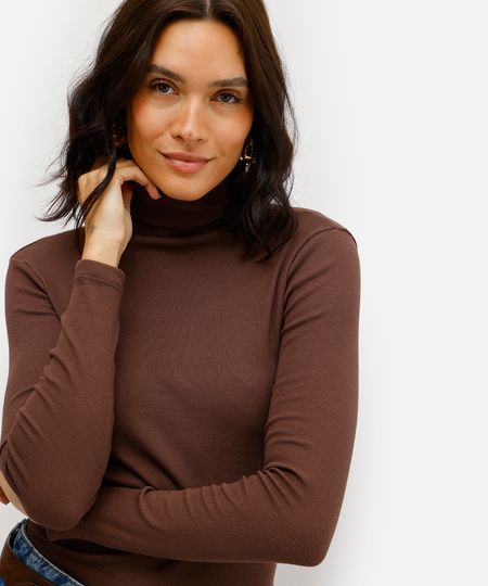 blusa de algodão cropped gola alta - marrom P