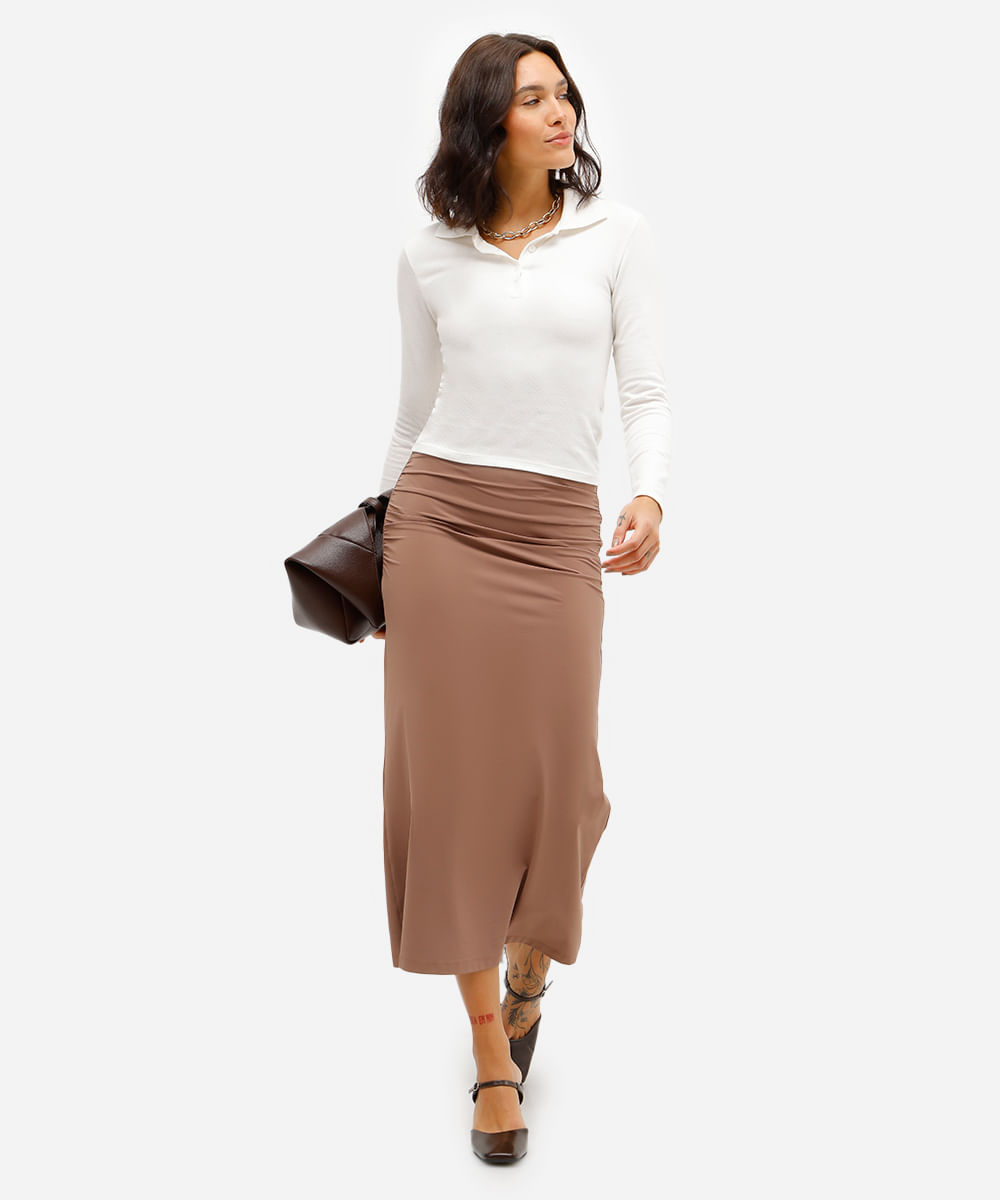 saia midi feminina básica de poliamida franzida marrom