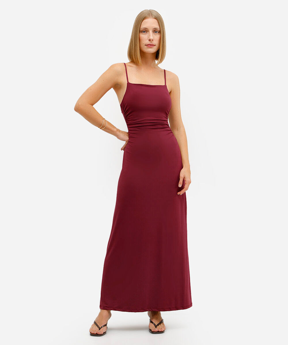 vestido longo feminino franzido alça fina vinho