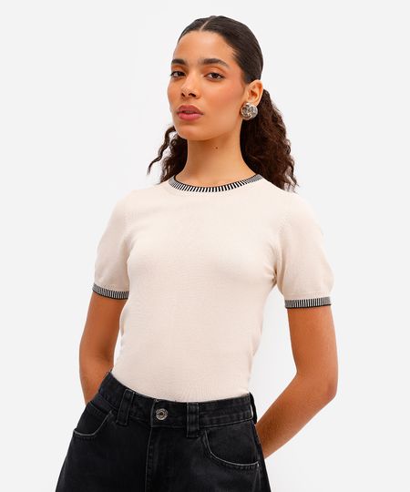 blusa feminina de tricot manga curta bege M