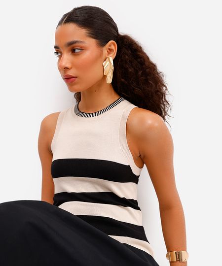 regata feminina de tricot listrada bege PP regata feminina de tricot listrada bege PP