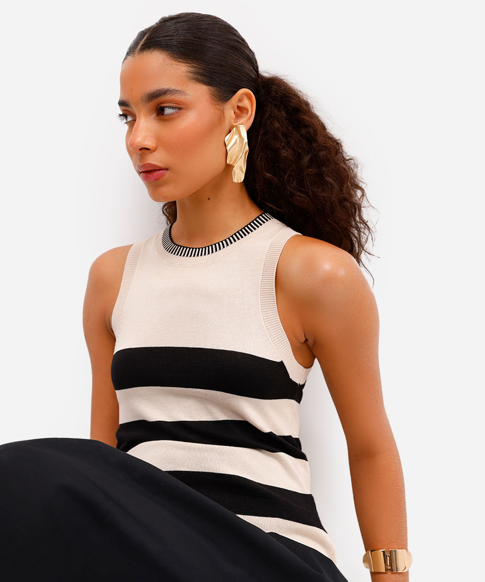 regata feminina de tricot listrada bege
