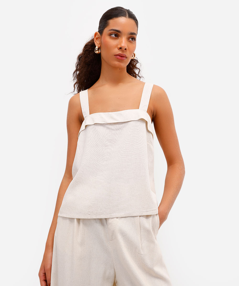 blusa feminina com linho decote quadrado bege