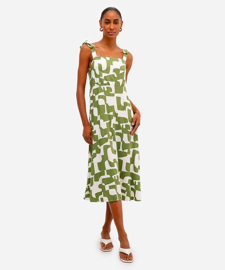 vestido midi feminino de viscose com amarração estampado verde PP vestido midi feminino de viscose com amarração estampado verde PP