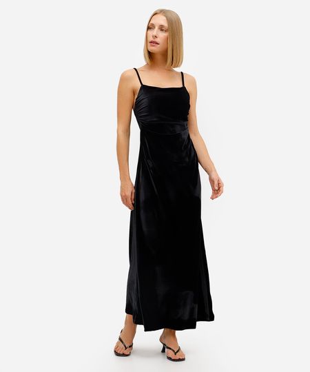 vestido longo feminino de veludo franzido preto PP