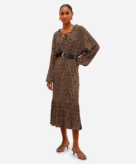 vestido midi feminino plissado animal print com cinto bege P vestido midi feminino plissado animal print com cinto bege P