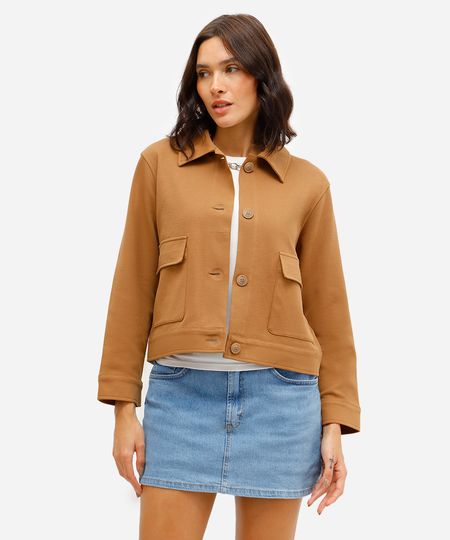 jaqueta básica feminina com bolsos texturizada marrom GG jaqueta básica feminina com bolsos texturizada marrom GG