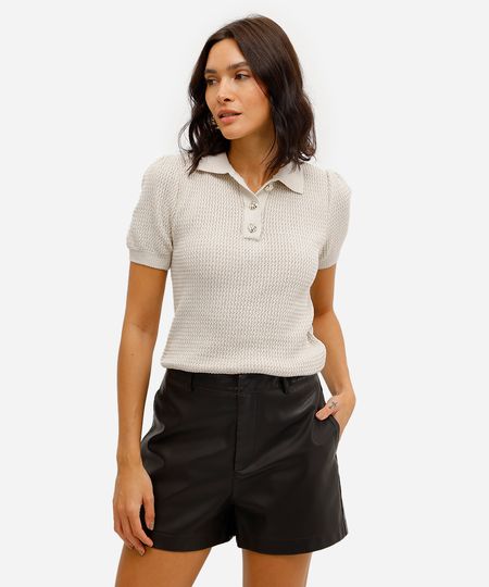 polo feminina de tricot manga bufante bege PP