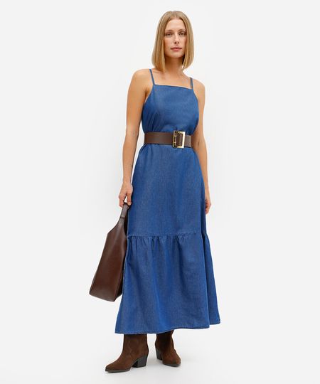 vestido longo feminino jeans alça fina azul PP vestido longo feminino jeans alça fina azul PP