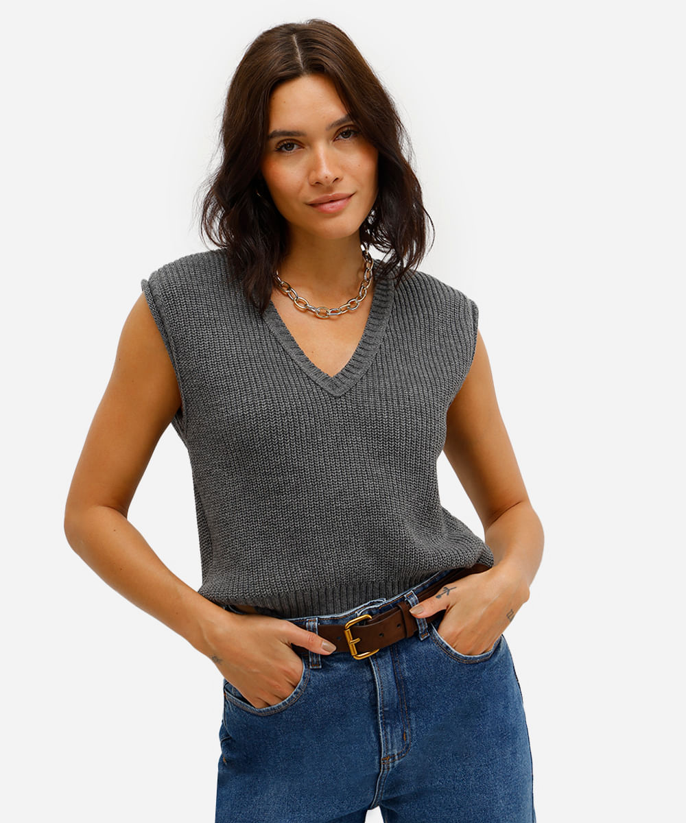 colete feminino de tricot decote v cinza