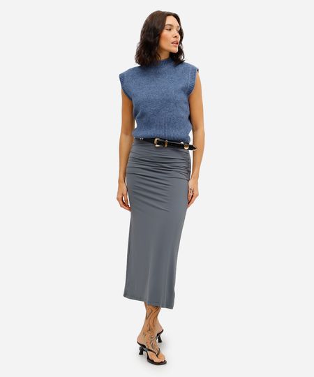 saia midi feminina básica de poliamida franzida cinza M saia midi feminina básica de poliamida franzida cinza M