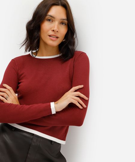 blusa básica feminina de tricot manga longa vinho P blusa básica feminina de tricot manga longa vinho P