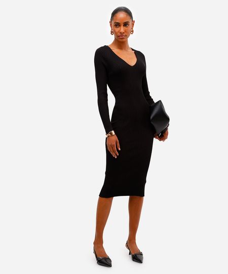 vestido midi feminino de tricot canelado preto M vestido midi feminino de tricot canelado preto M