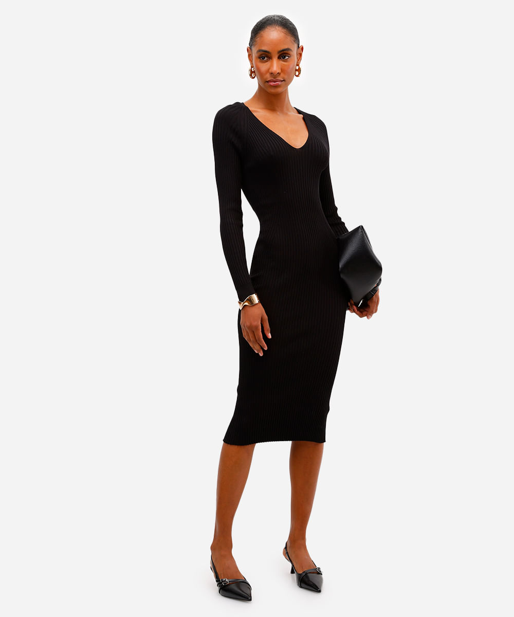 vestido midi feminino de tricot canelado preto
