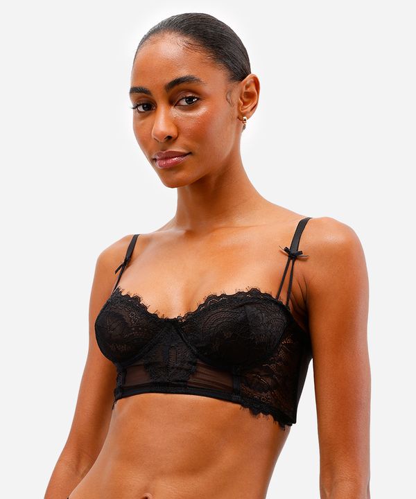sutiã cropped meia taça de tule com renda preto 42