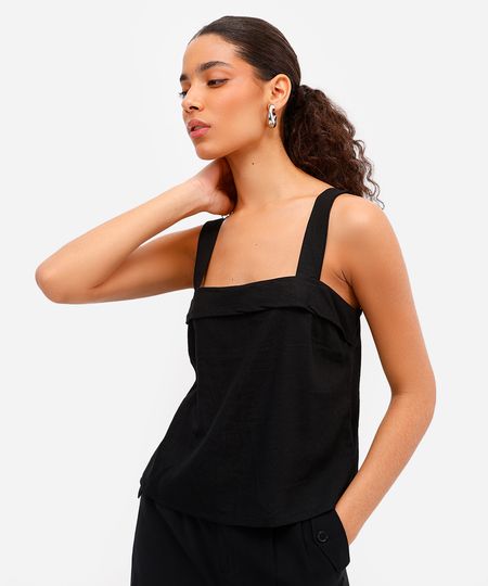 blusa feminina com linho decote quadrado preta P blusa feminina com linho decote quadrado preta P