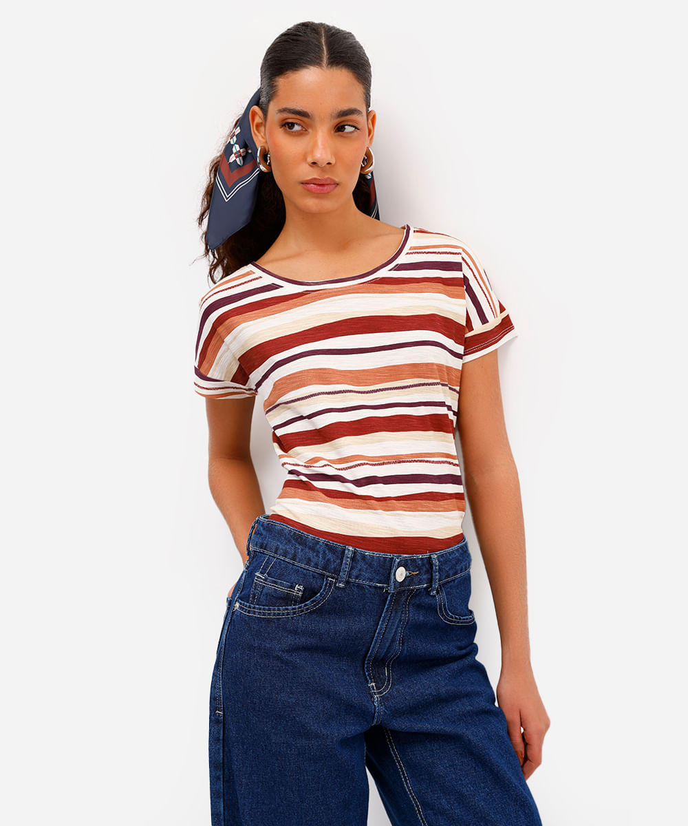 blusa feminina de algodão manga curta listrada laranja