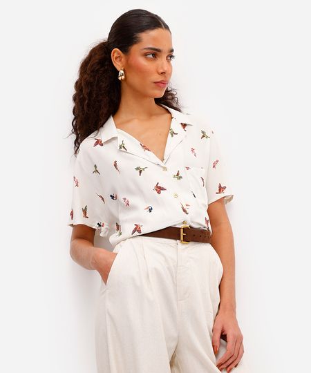 camisa feminina de viscose pássaros bege PP