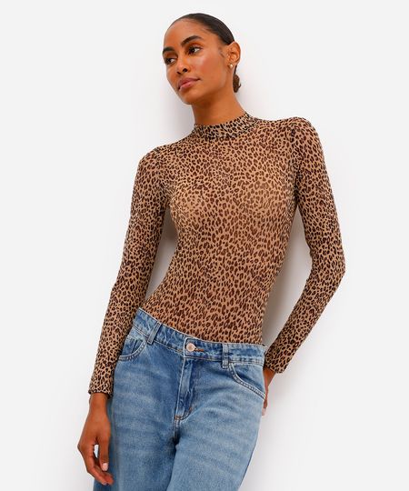 body feminino de tule gola alta animal print bege G