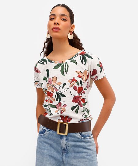 blusa feminina de algodão manga curta floral off white PP