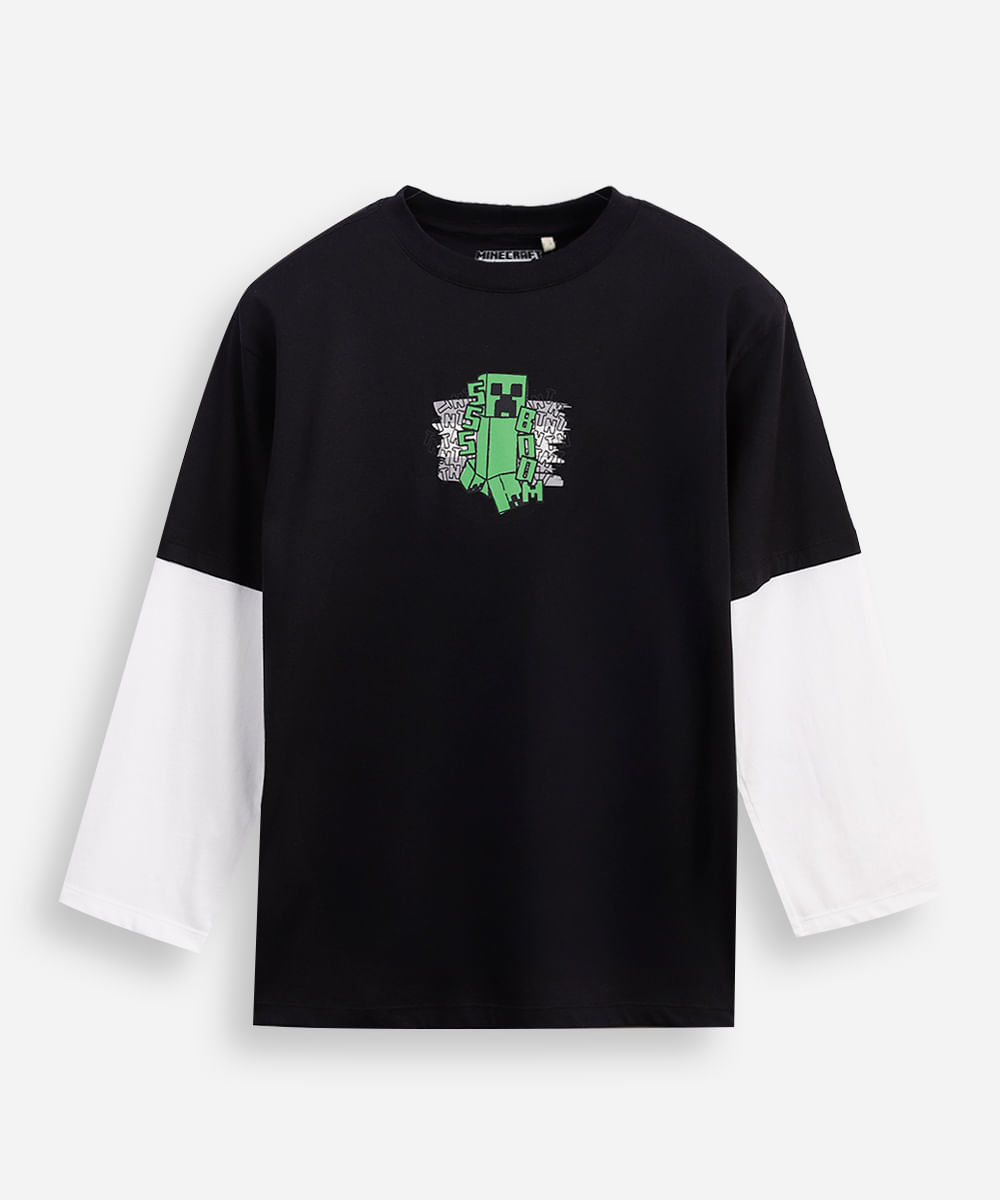 camiseta juvenil sobreposição minecraft preto