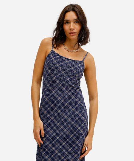vestido midi feminino alça fina de tule xadrez azul G vestido midi feminino alça fina de tule xadrez azul G
