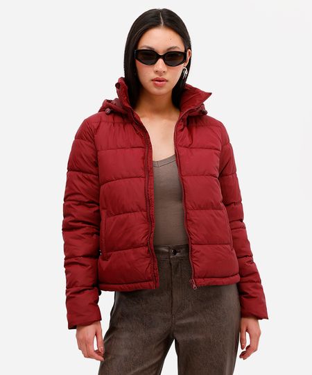 jaqueta alongada puffer com capuz - vinho P