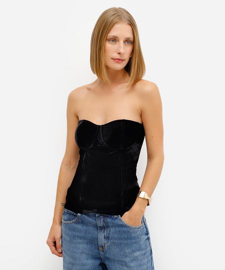 blusa feminina sem alça de veludo preta PP