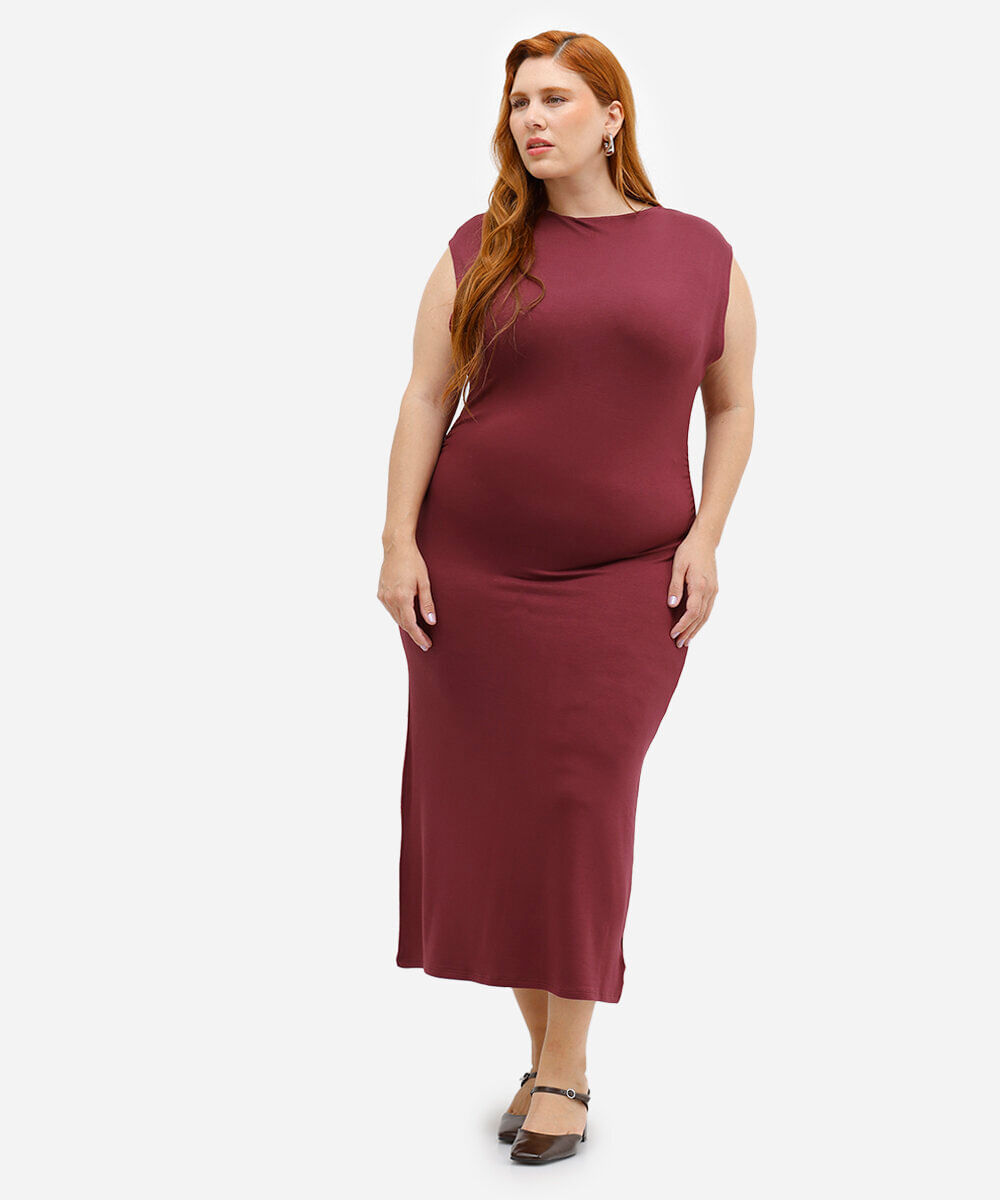vestido feminino midi de viscose manga japonesa plus size vinho