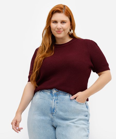 blusa feminina de tricot manga bufante texturizada plus size vinho GG4