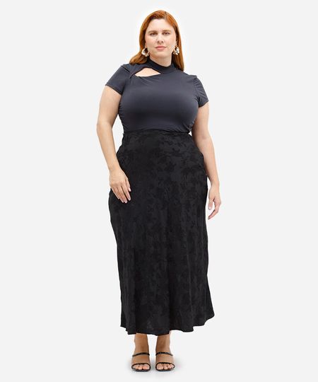saia midi feminina acetinada floral mindset plus size preta 50 saia midi feminina acetinada floral mindset plus size preta 50