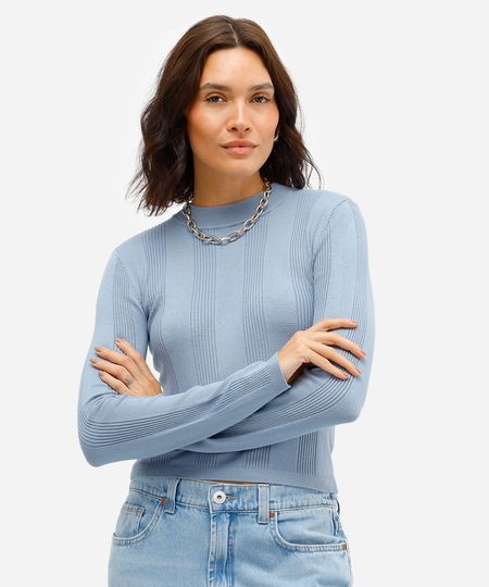 suéter básico de tricot canelado - azul jeans PP