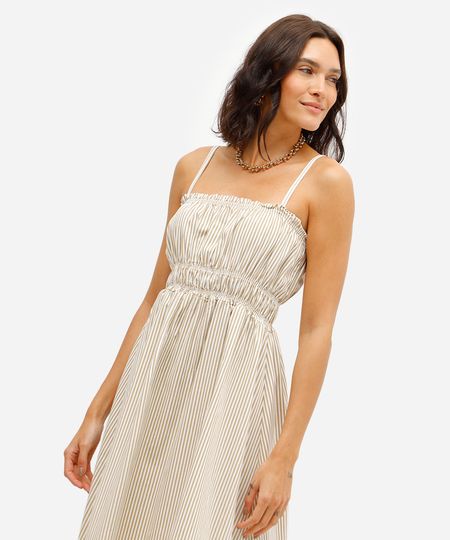 vestido midi feminino de sarja listrado franzido bege M