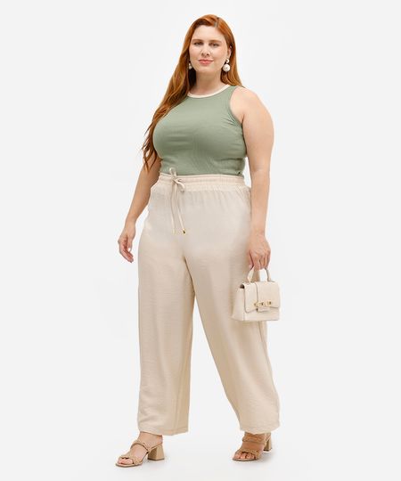 calça wide leg feminina de viscose texturizada plus size bege 54 calça wide leg feminina de viscose texturizada plus size bege 54