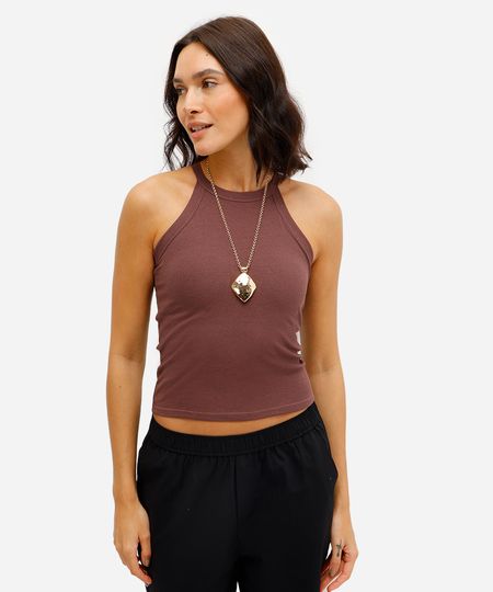 regata básica feminina de algodão halterneck com bojo marrom P