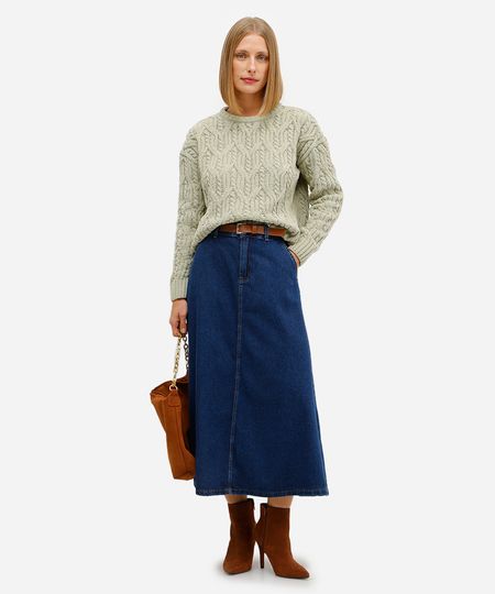 saia midi feminina jeans com cinto azul 34