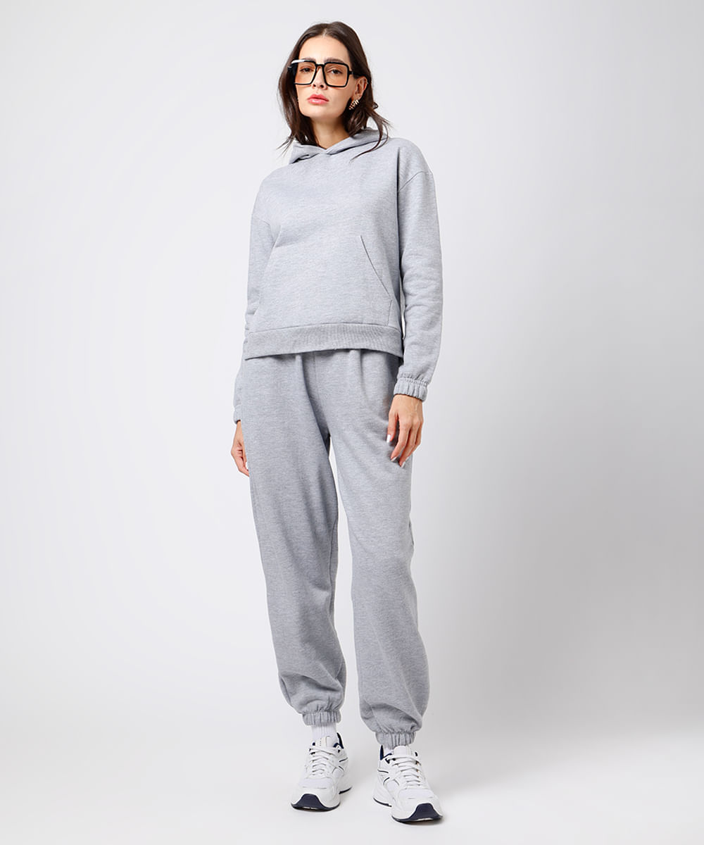 calça jogger feminina de moletom felpado com bordado mindset cinza