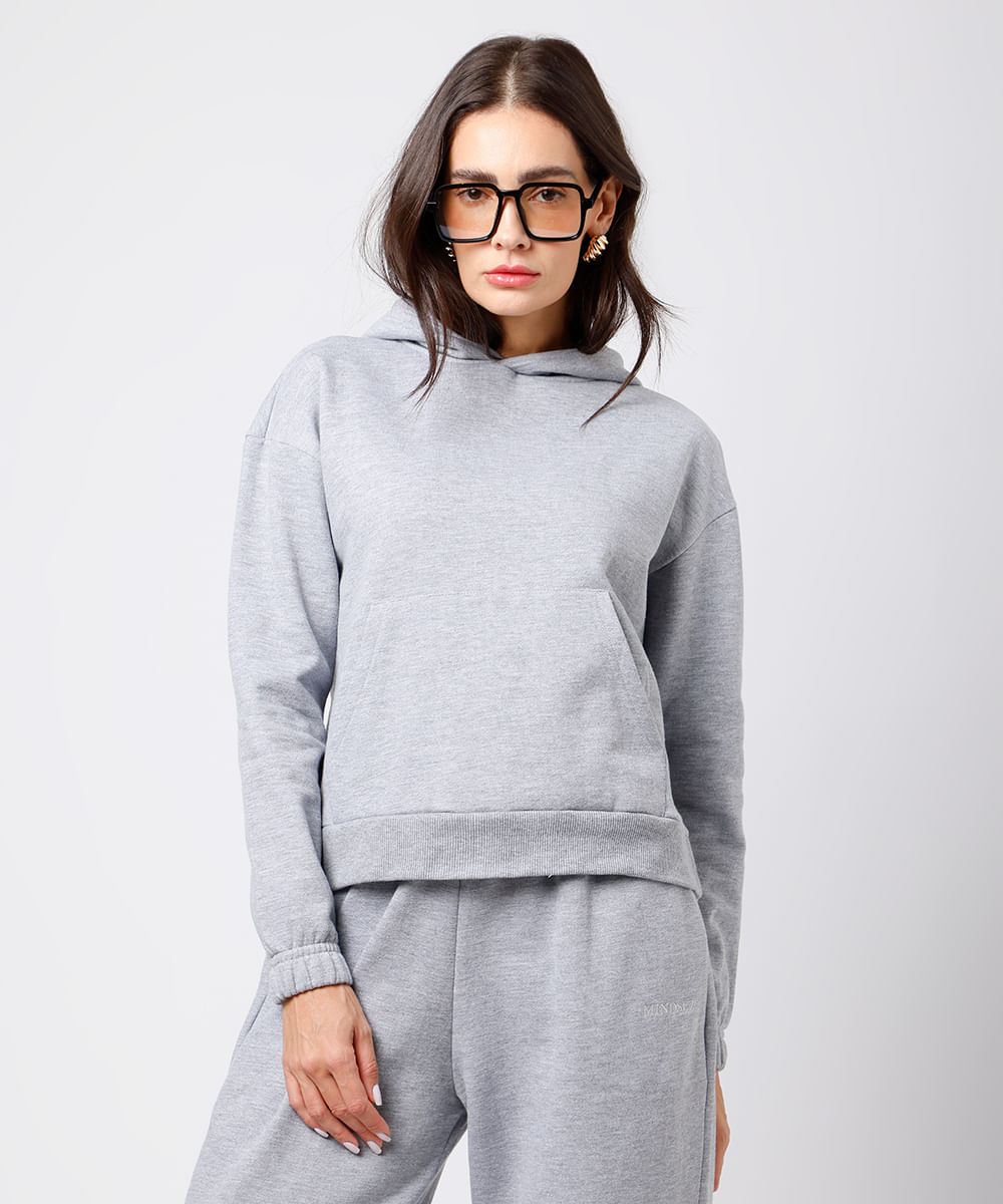 blusão feminino de moletom felpado com capuz bordado mindset cinza